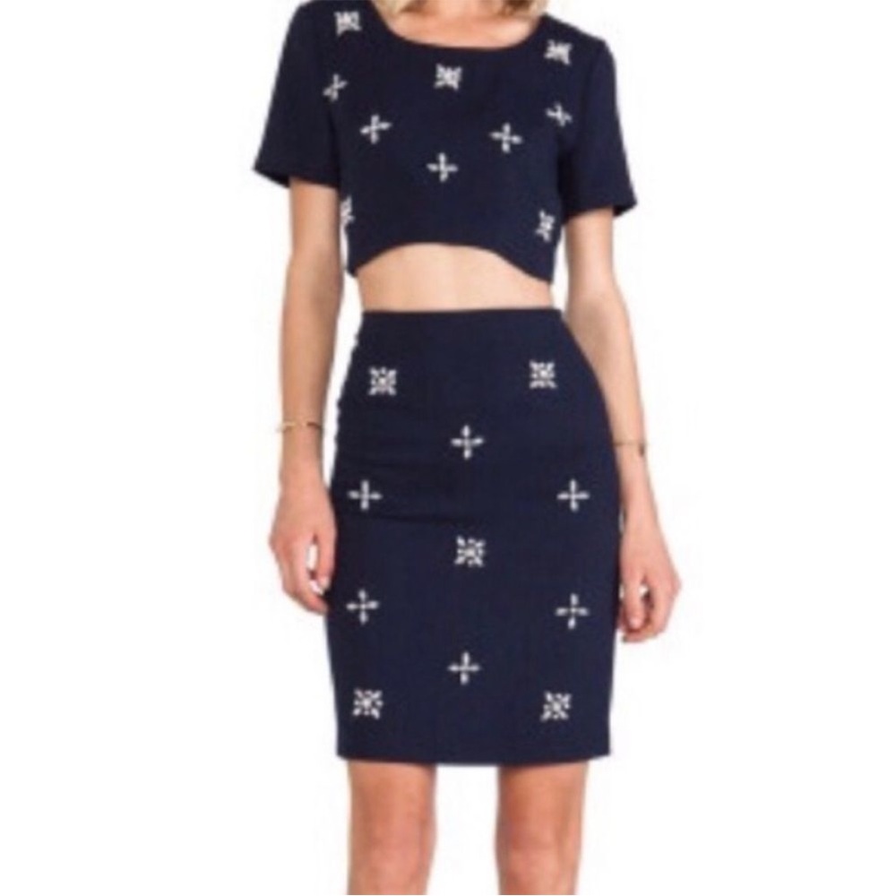 JOA Navy Crop Top and Skirt Set with Embellishments Small